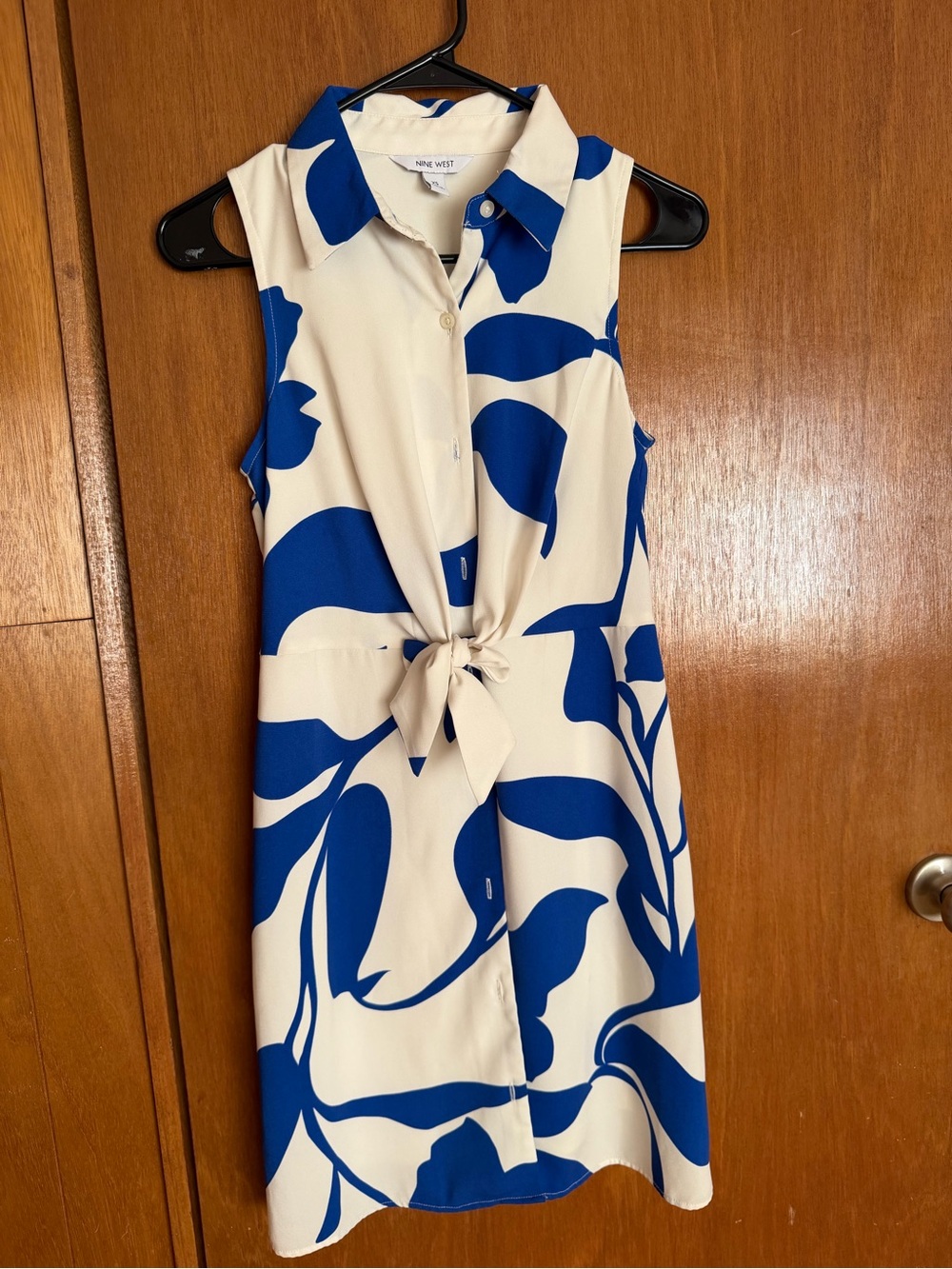 Nine West Cream & Royal Blue Tie-Front Sleeveless Midi Dress